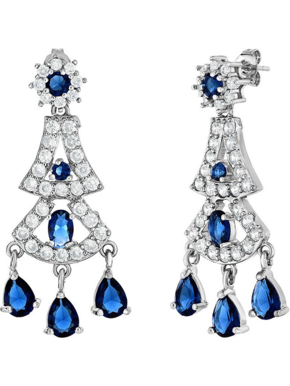 Sapphire Blue Chandelier Earrings Pierced 1 3/4" Sparkling Cocktail Statement Je